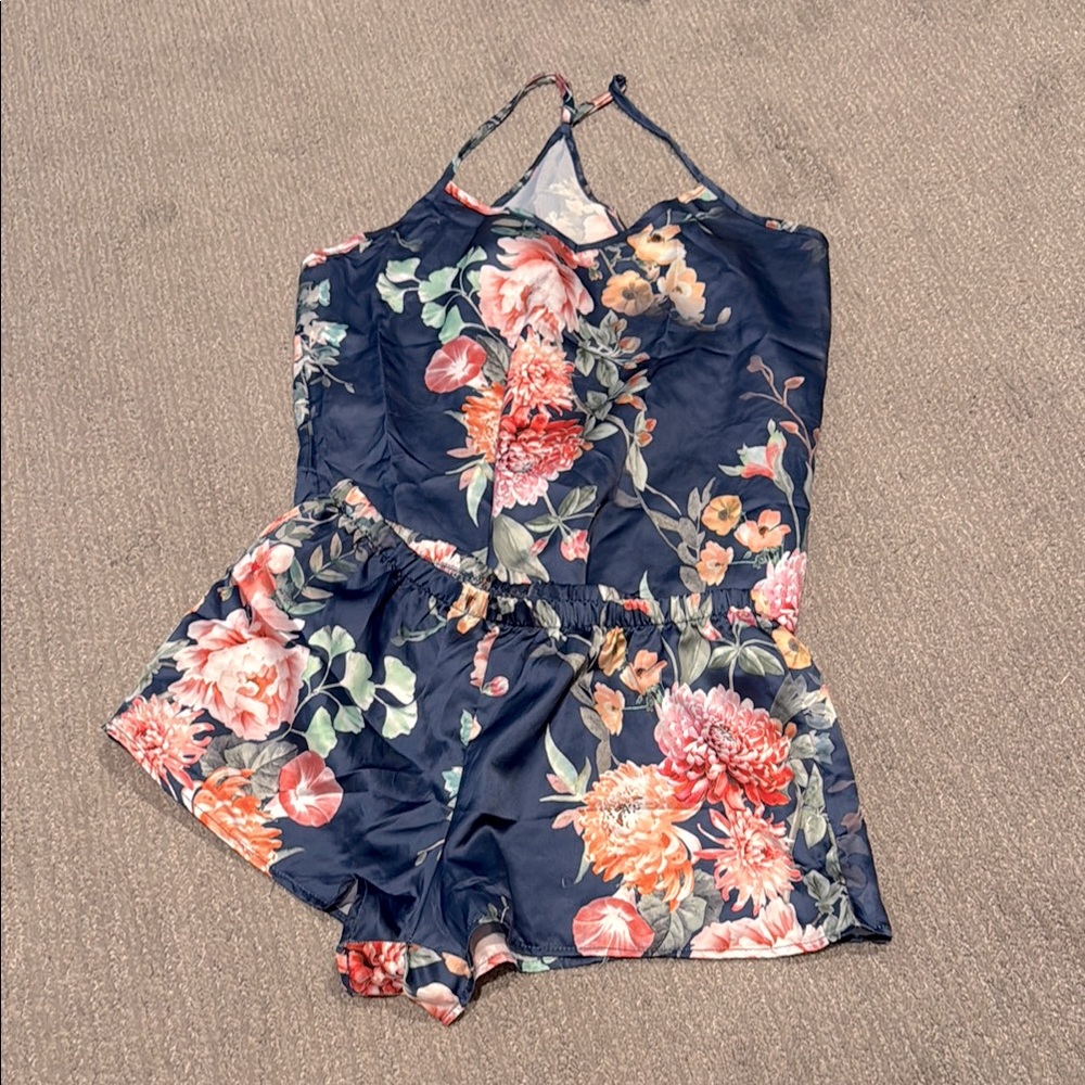 REVOLVE Navy Floral Satin Cami & Shorts Pajama Set